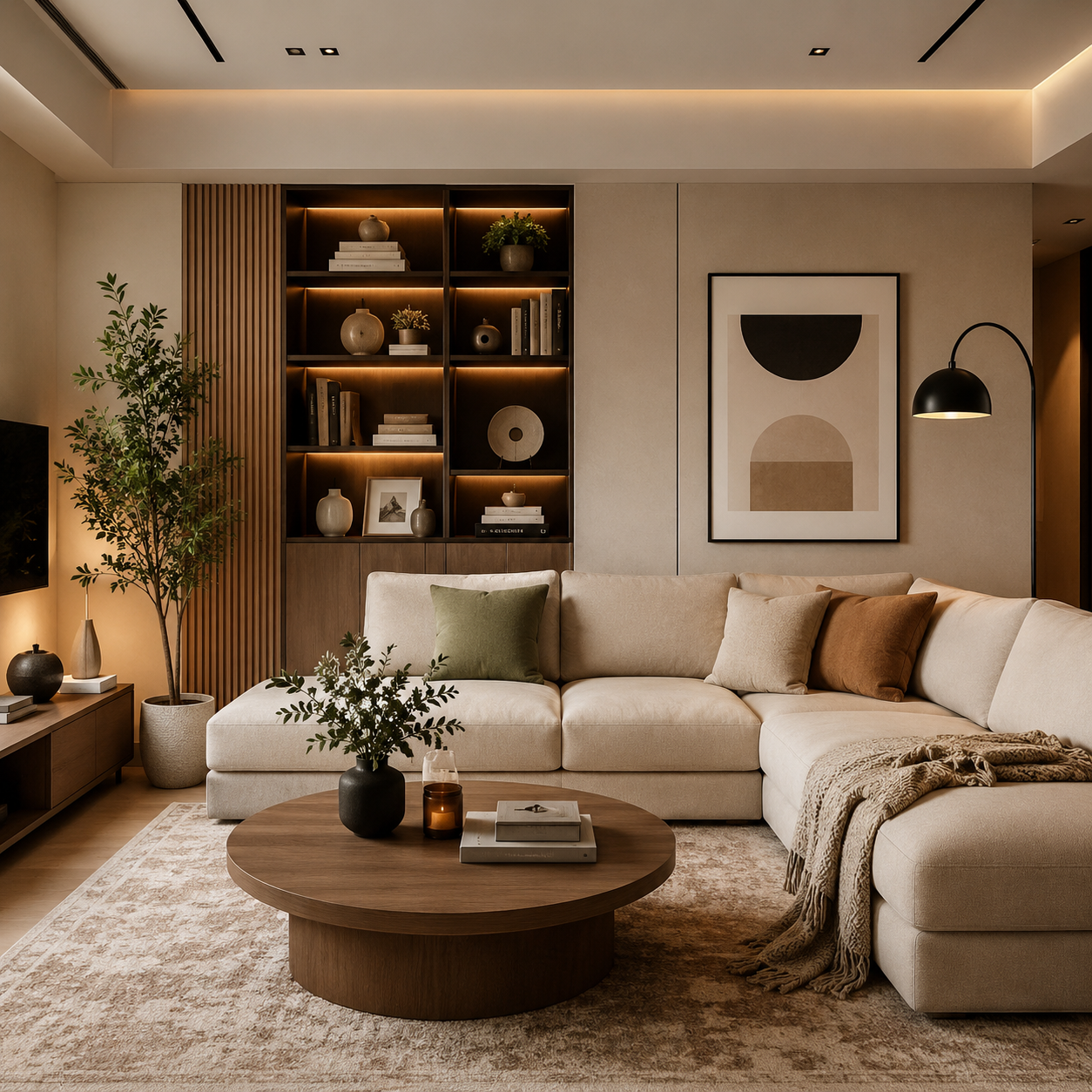 Elegant modern bedroom interior design with neutral tones, tufted upholstered bed, wooden slat wall panel, and layered white bedding