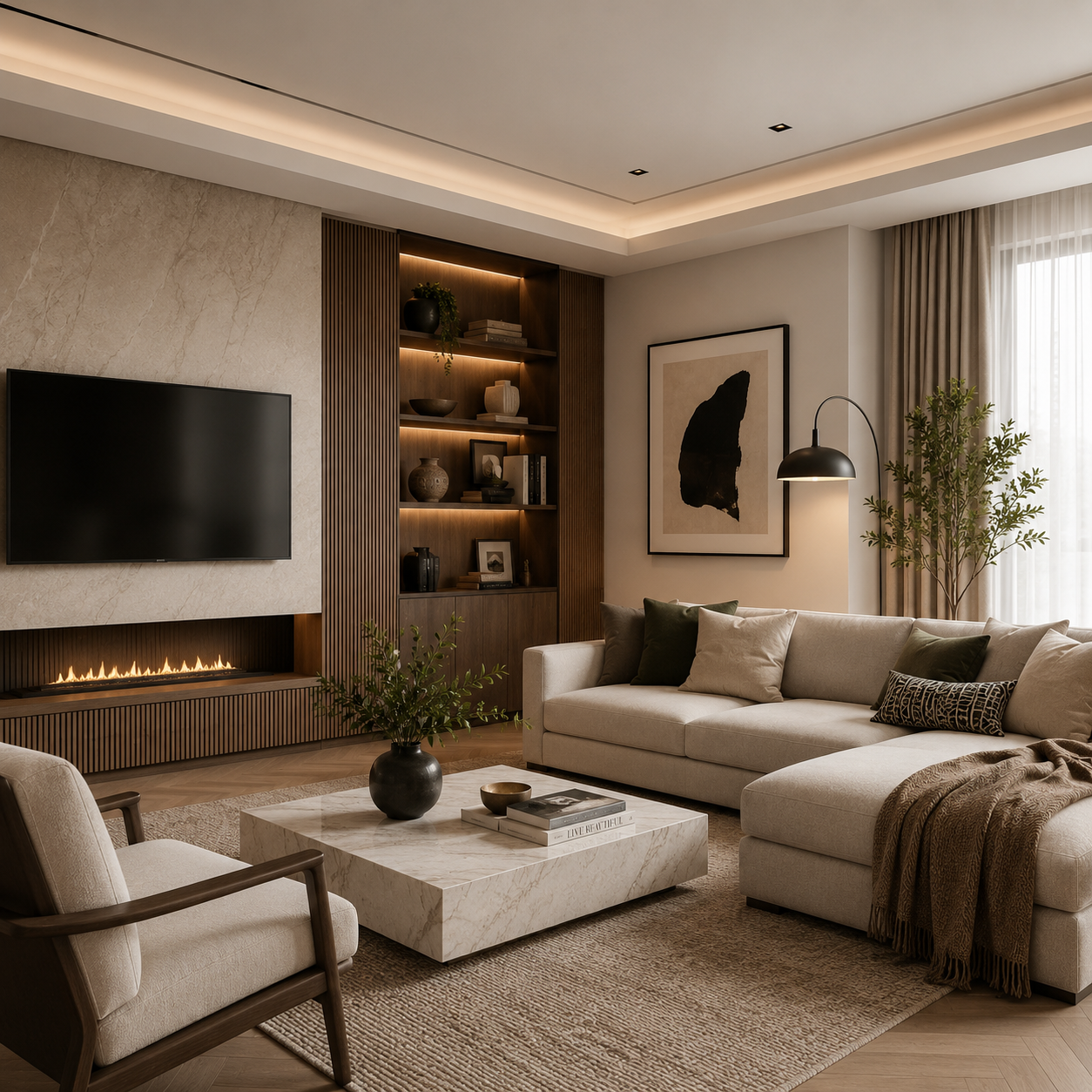Elegant modern bedroom interior design with neutral tones, tufted upholstered bed, wooden slat wall panel, and layered white bedding