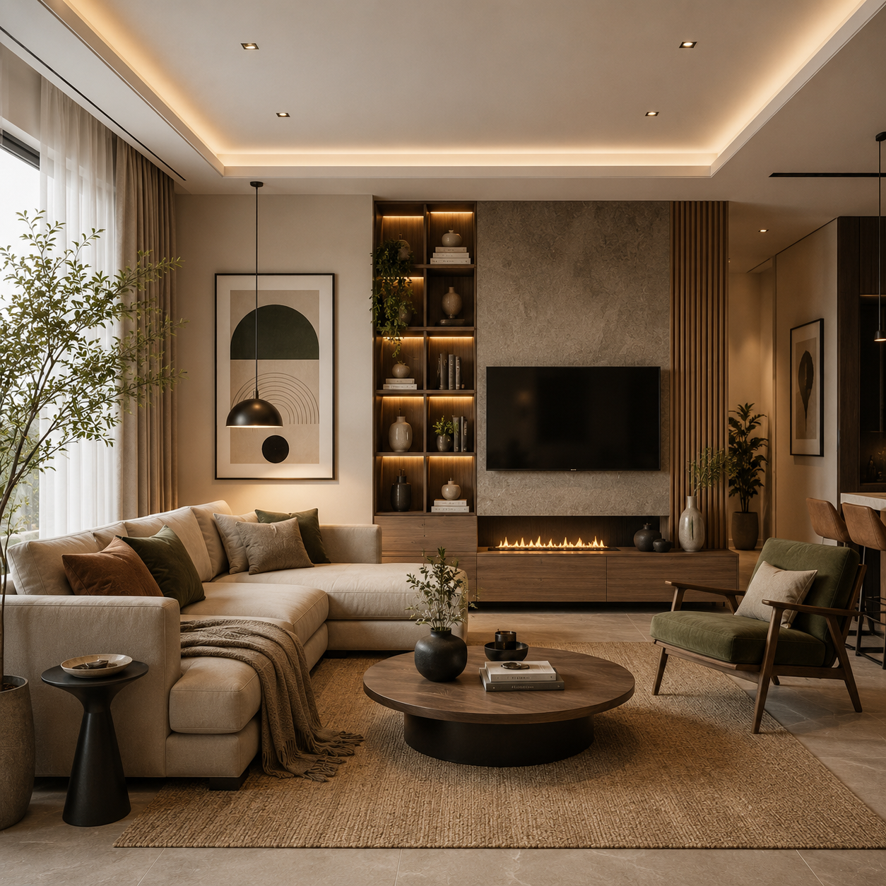 Elegant modern bedroom interior design with neutral tones, tufted upholstered bed, wooden slat wall panel, and layered white bedding