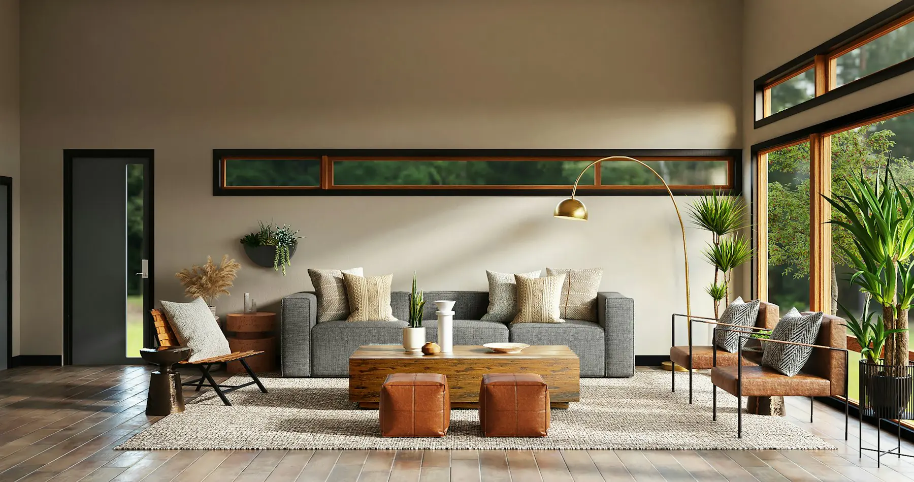 Luxury living room interior design with neutral sofa and warm lighting in Hyderabad